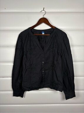 Old Navy Floral Embroidered Top Black Jack XL Cotton Boho Blouse Button-Down